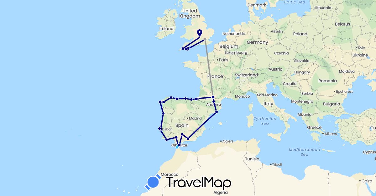 TravelMap itinerary: driving, plane, boat in Spain, France, United Kingdom, Gibraltar, Morocco, Portugal (Africa, Europe)